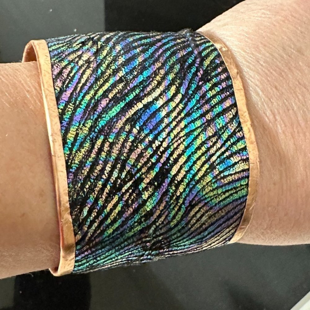 Genuine Leather Pure Copper Cuff Bracelet Liquid Psychedelic Rainbow Trippy